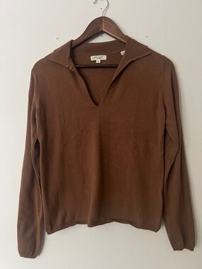 Max Studio London Women’s Soft Brown V-Neck Collared Sweater, Rayon, Size S.